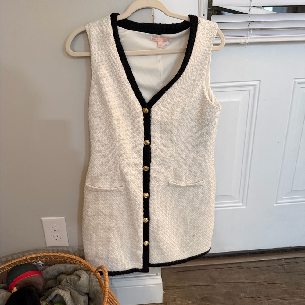 Sleeveless Tweed V Neck Button Front Dress with Black Trim